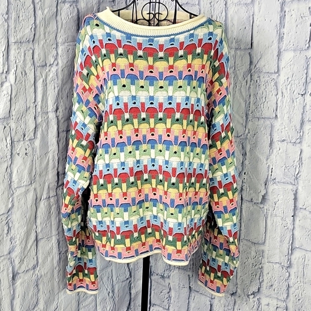 CROSSINGS Vintage Multicolored Open Weave‎ Oversized Cotton Sweater Size Small
